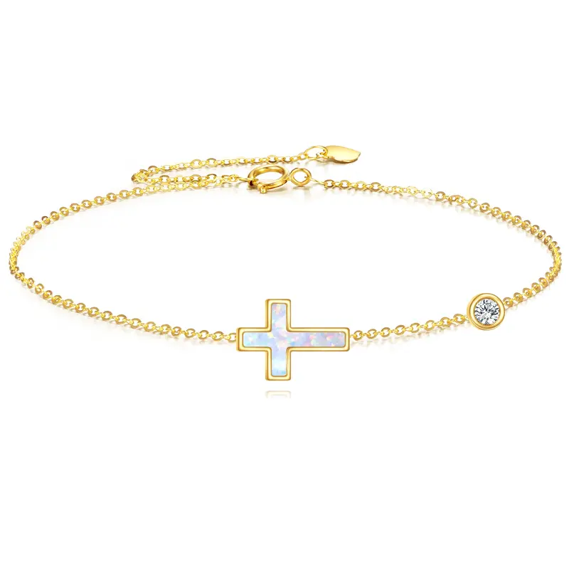 14K Gold Moissanite & Opal Cross & Round Charm Bracelet