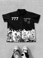 Men's Skull & Star Print Zip Up Shirt, Loose Casual Street Short Sleeve Collared Top for Daily Wear, Fashion Men's Clothes fo...