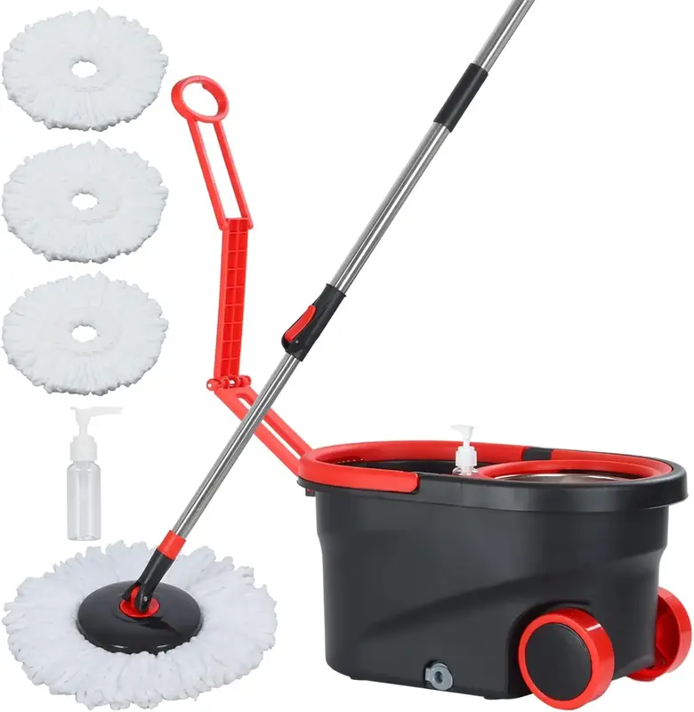 Spin Mop Bucket Set with 2pcs Microfiber Round Replacement Heads, Dragging Rod and Movable Wheels - Home Cleaning Stainless S...