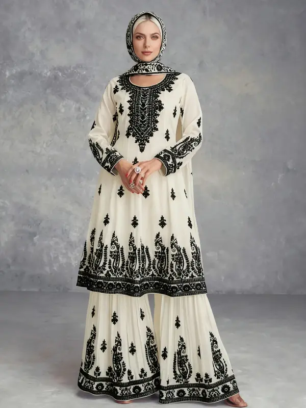 Muslim Women Ethnic Style Fashion Casual Belted Printed Set Top + Pants, Round Neck Fitted Long Sleeve Blouse, Spring & Fall