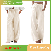 Songling Womens Cotton Linen Palazzo Pants Drawstring Elastic Waist Casual Wide Leg Trousers with Pockets
