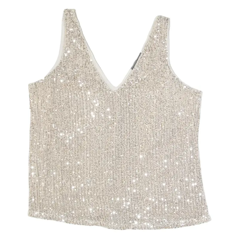 MINT VELVET Sequins Womens Blouse Vest Silver V-Neck Sleeveless L