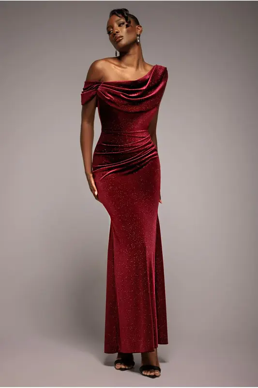 Goddiva Glitter Velvet Cowl Neck Off The Shoulder Maxi Dress - Wine