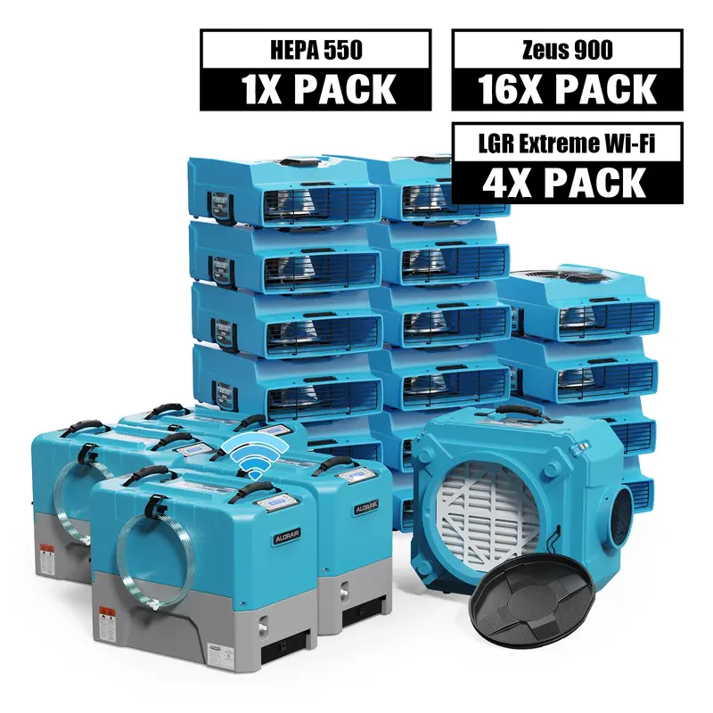 AlorAir® Water Damage Restoration Equipment Packagerm LGR Extreme Wi-Fi 85 Pint, 4 x Sto Commercial Dehumidifier, 16 x Zeus ...