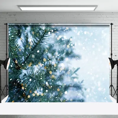Aperturee Gold Bokeh Pine Leaves Snowy Winter Photo Backdrop - Aperturee