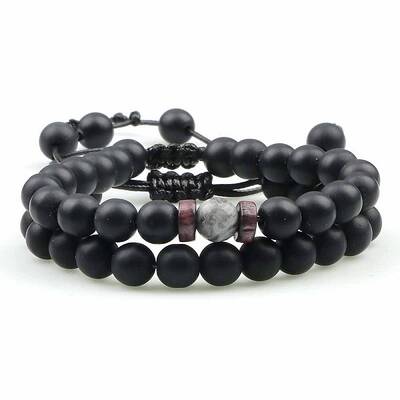 Ethnic Style Frosted Round Natural Obsidian & Map Stone Braided Beaded Bracelets Sets for Women Men