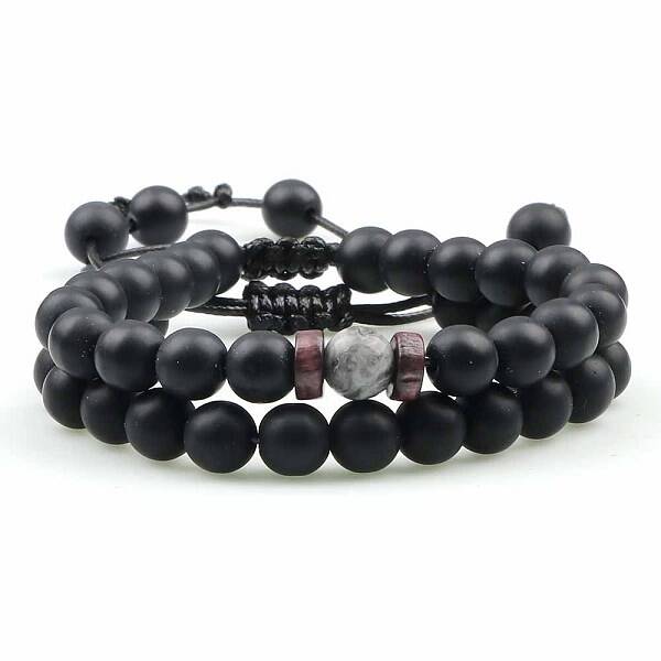 Ethnic Style Frosted Round Natural Obsidian & Map Stone Braided Beaded Bracelets Sets for Women Men