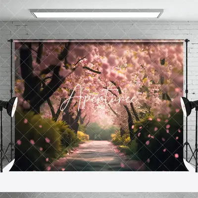Aperturee Grass Sakura Grove Path Spring Photography Backdrop, 3X2FT(1MX0.6M), 14 USD, spring backdrops, YZHD0O75-M