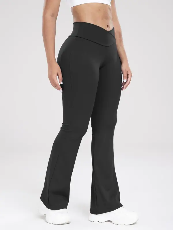 Women's Comfy Solid High Waist Flare Leg Sports Leggings, Casual Overlap Waist Design Bell Bottom Pants for Yoga Gym Workout ...