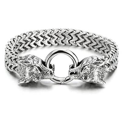 Stainless Steel Mesh Chain Bracelet with Vintage Wolf Head Clasp for Men