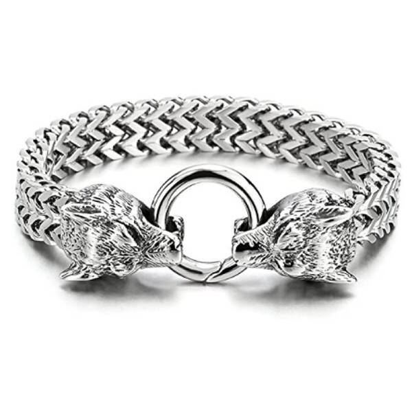 Stainless Steel Mesh Chain Bracelet with Vintage Wolf Head Clasp for Men