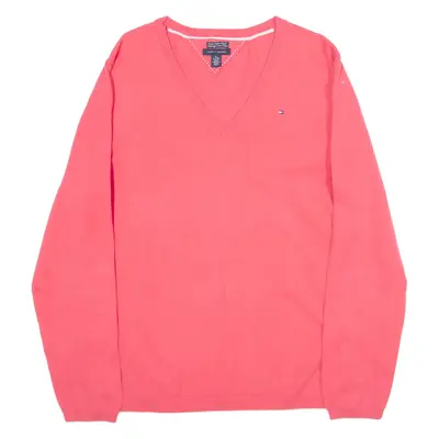 TOMMY HILFIGER Pima Cotton Blend Womens Jumper Pink V-Neck Tight Knit XL