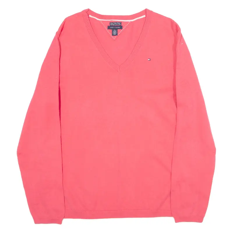 TOMMY HILFIGER Pima Cotton Blend Womens Jumper Pink V-Neck Tight Knit XL