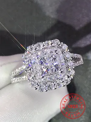 S925 Sterling Silver Luxury Gorgeous Square Shaped Rhinestone Decor Ring with Box, Elegant Exquisite Jewelry for Women for Su...
