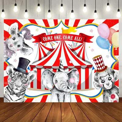 Circus Animal Show Red White Stripe Birthday Backdrop - Aperturee