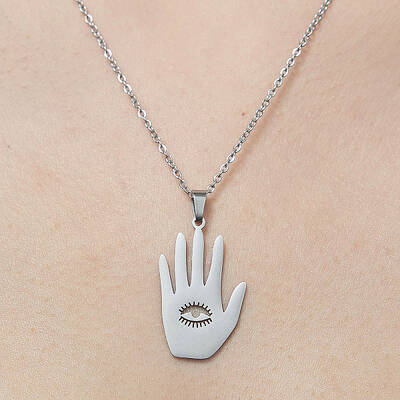 Non-Tarnish 201 Stainless Steel Hollow Hamsa Hand with Eye Pendant Necklace
