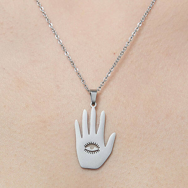 Non-Tarnish 201 Stainless Steel Hollow Hamsa Hand with Eye Pendant Necklace