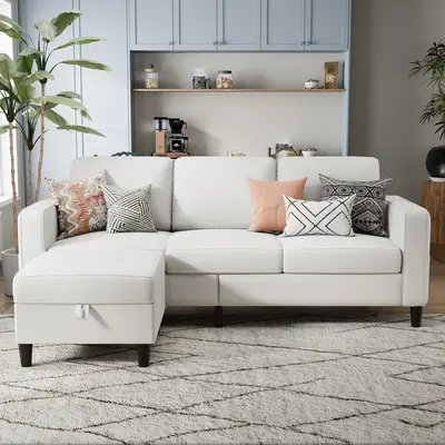 Sectional Sofa Couches for Living Room - Beige 3 Seat L-Shaped Couch with Storage Ottoman
