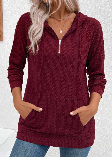 Modlily Wine Red Jacquard Drawstring Long Sleeve Hoodie - L