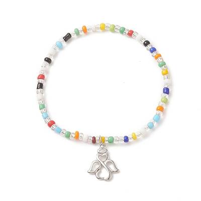 Colorful Seed Beaded Stretch Bracelet with Brass Charms for Women