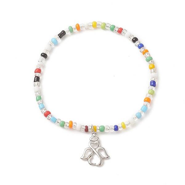 Colorful Seed Beaded Stretch Bracelet with Brass Charms for Women
