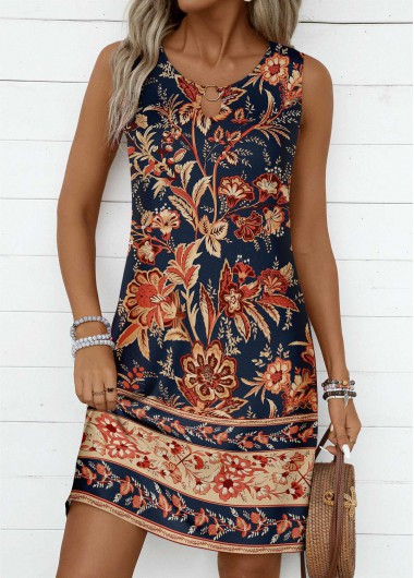 Modlily Dark Blue Circular Ring Floral Print Sleeveless Dress - XXL