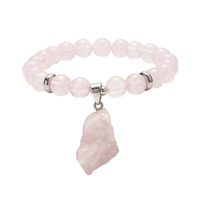 Round Natural Rose Quartz Beaded Stretch Bracelet with Nuggets Charms for Women