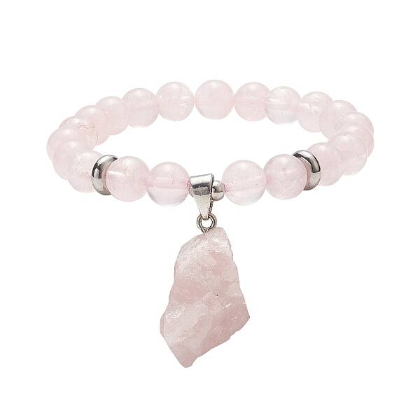 Round Natural Rose Quartz Beaded Stretch Bracelet with Nuggets Charms for Women