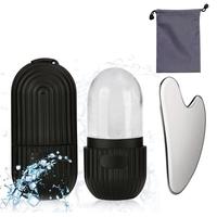 Professional Face Skincare Tool Set, 1 Set Facial Ice Roller & Stainless Steel Gua Sha Board with Random Color Storage Bag, B...