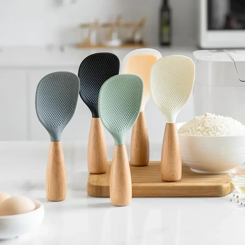 Silicone Spoon with Wooden Handle, 1 Count Non-stick Heat Resistant Rice Spoon, Kitchen Utensils for Cooking, Cooking Utensil...