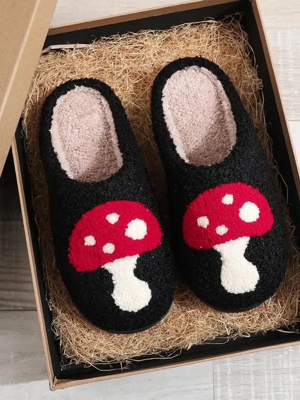 Women's Cute Cartoon Mushroom Pattern Design Plush Slippers, Warm Bedroom Slippers, Girl's Creative No-slip Indoor Slippers f...