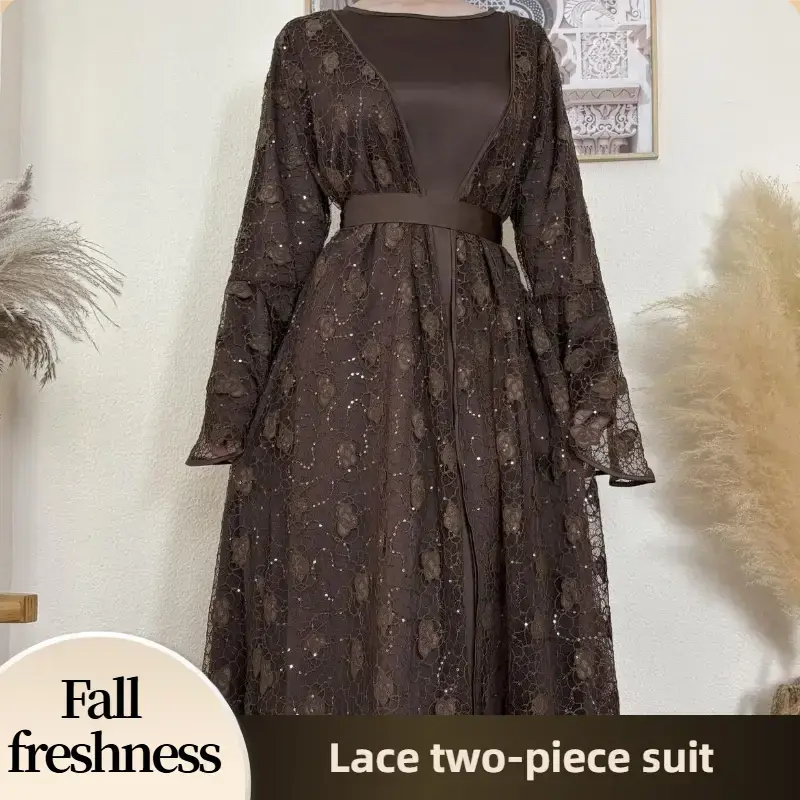 【FallFreshness】CL65 Two-piece lace robe, bat sleeves, lace embroidered robe, underwear and cardigan, Nida robe Muslim clo...