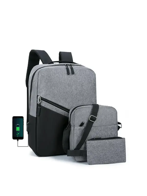 Men's Summer Casual Colorblock Backpack Set with Usb Port, Including Zipper Backpack, Shoulder Bag, Wristlet, All-match Simpl...