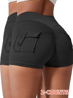 Women's Solid Button Pocket Sports Shorts, High Waist Comfy Breathable Ruched Skinny Sports Shorts for Yoga Gym Workout Run...