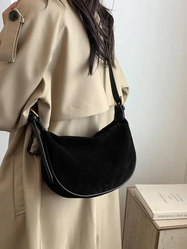 Women's Solid Velvet Zipper Crossbody Bag, Fashionable Large Capacity Shoulder Bag for Daily Used, Casual Trendy Versatile Hi...