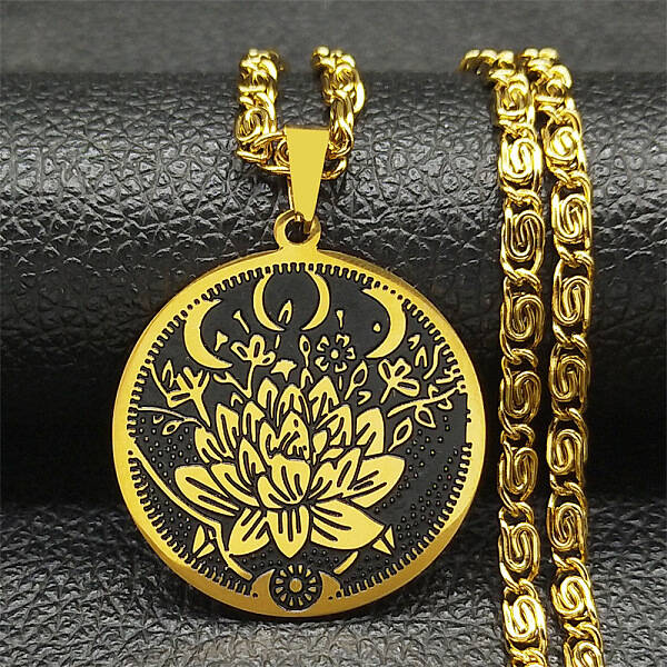 304 Stainless Steel Lunar Lotus Talisman Pendant Necklaces