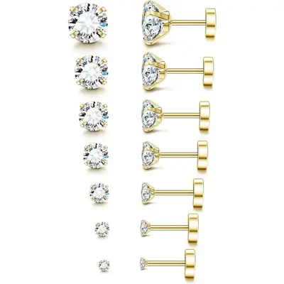 FLORIDECO 6-7 Pairs Stainless Steel 20G Hypoallergenic Cubic Zirconia Stud Earrings for Women Men Flatback Piercing Ear Carti...