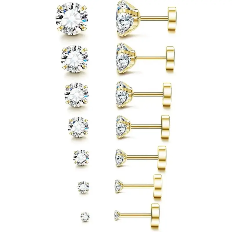 FLORIDECO 6-7 Pairs Stainless Steel 20G Hypoallergenic Cubic Zirconia Stud Earrings for Women Men Flatback Piercing Ear Carti...
