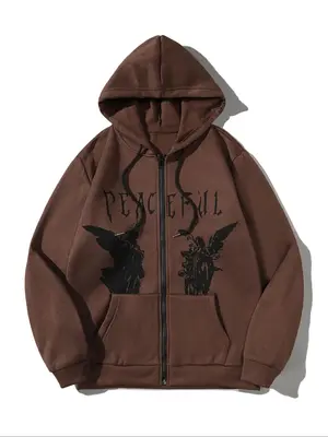 Men's Letter & Angel Print Zip Up Warm Hoodie, Casual Drawstring Pocket Hooded Sweatshirt Set for Fall & Winter, Streetwear, ...