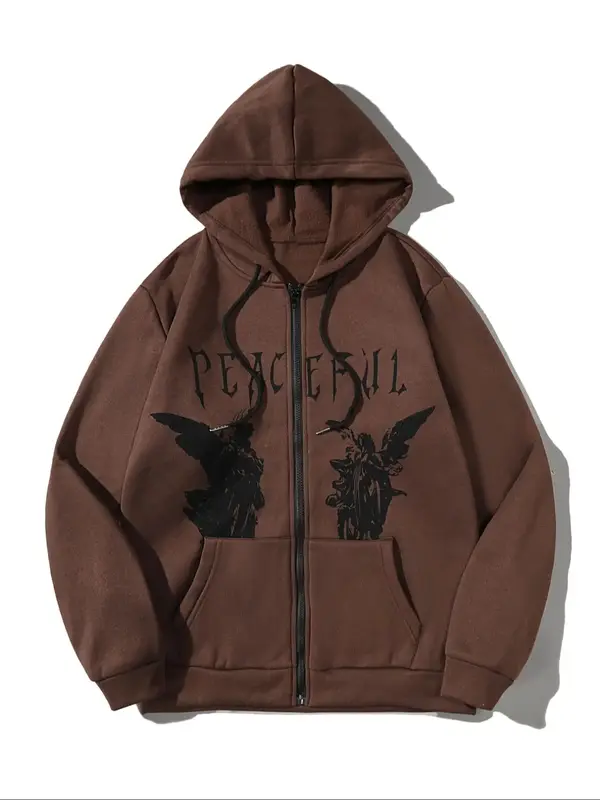 Men's Letter & Angel Print Zip Up Warm Hoodie, Casual Drawstring Pocket Hooded Sweatshirt Set for Fall & Winter, Streetwear, ...