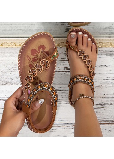 Modlily Dark Coffee Tribal Print Toe Post Falt - 41