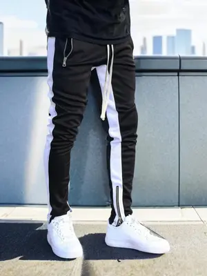 Men's Stylish Contrast Side Seam Pocket Drawstring Waist Pants, Trendy Fashion Menswear, Slim Fit Casual Zipper Trousers for ...