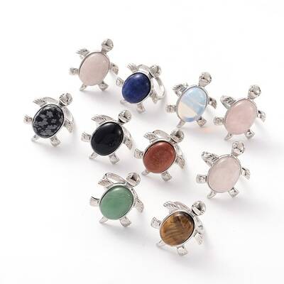 Tortoise Platinum Tone Brass Natural & Synthetic Mixed Stone Wide Band Finger Rings