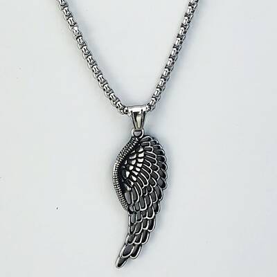 3Pcs Fashionable Retro Stainless Steel Punk Hollow Feather Wing Pendant Box Chain Necklaces for Men