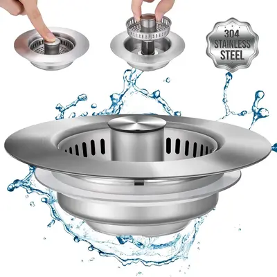 3 in 1 Kitchen Sink Drain Strainer, Stainless Steel Sink Stopper, Anti-clogging Sink Food Catcher Basket, Fast Drainage Odor ...