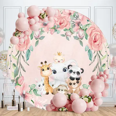 Aperturee Pink Floral And Cute Animals Round Baby Shower Backdrop