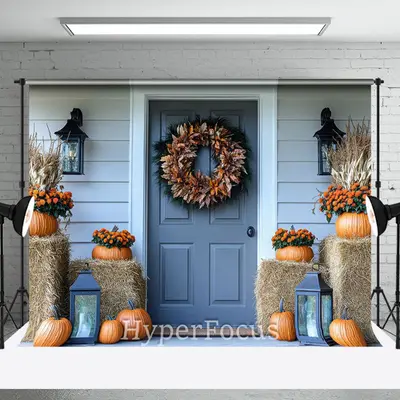 White Blue Porch Haystack Pumpkin Autumn Backdrop - Aperturee