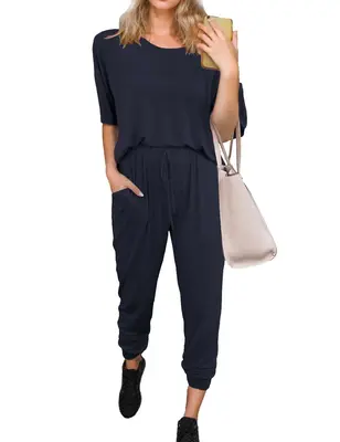 DRESSIN [Dark Blue,Army Green,Black, size S-5XL] Women Stretchy Solid Round Neck Loose Three-Quarter Sleeve Top with Tie Elas...