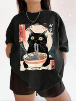 Women's Cat & Ramen Noodles Print Round Neck Tee, Fashion Casual Crew Neck Short Sleeve T-shirt for Daily Holiday Vacation Ou...