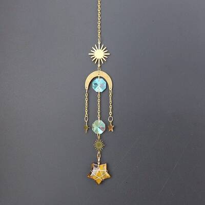 Natural Tiger Eye Star Sun Catcher Hanging Ornaments with Brass Sun